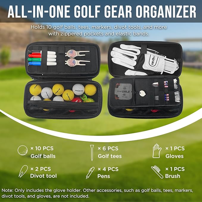 DURARANGE Golf Accessories Organizer Case with Glove Shaper | Organizes gloves, balls, tees, markers and divot tools with elastic loops, mesh pockets and a removable glove shaper.