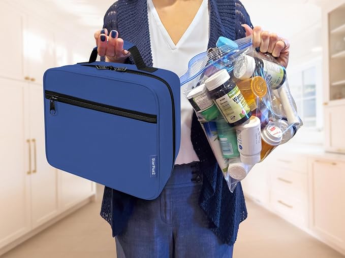 Large Medicine Organizer Bag – 10 Pocket Pill Bottle Organizer for Travel & Home Storage, Blue