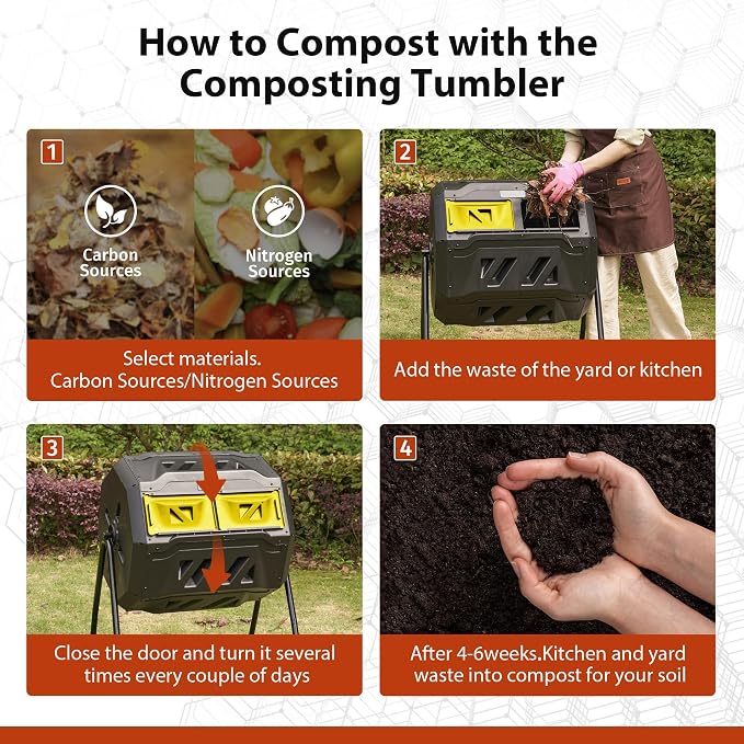 Compost Bin, 43-Gal Dual Chamber Composter Tumbler, Black Yellow | Steel Frame with 2 Sliding Door and Aeration System, 360° Rotating, Tumbling Composting Bin for Kitchen, Garden, Yard