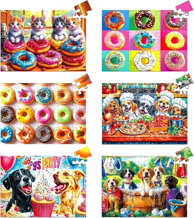 6 Pack 36 Large Piece Puzzles for Seniors, Dementia & Alzheimer's Activities for Elderly Adults, Easy Jigsaw Puzzles with Cute Dog & Donut Designs, Memory & Cognitive Games, Ideal Gifts