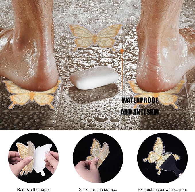20 PCS Non Slip Bathtub Stickers, Adhesive Butterfly Anti Slip Decal Treads for Shower and Bath Tub with Premium Scraper (Gold)