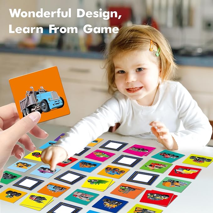 Hebayy Truck Matching Game, 72 PCS Traffic Memory Matching Cards for Toddlers 36 Pairs Transportation Memory Cards Educational Toys for Preschool Boys & Girls 4 5 6 Years Old