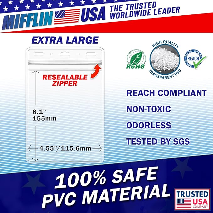 Mifflin-USA Passport & Card Holders (Clear, 4x6 inch, 100 Pack), Extra Large (XXL) ID Name Badge Holder, Waterproof Vertical Plastic Card Holders