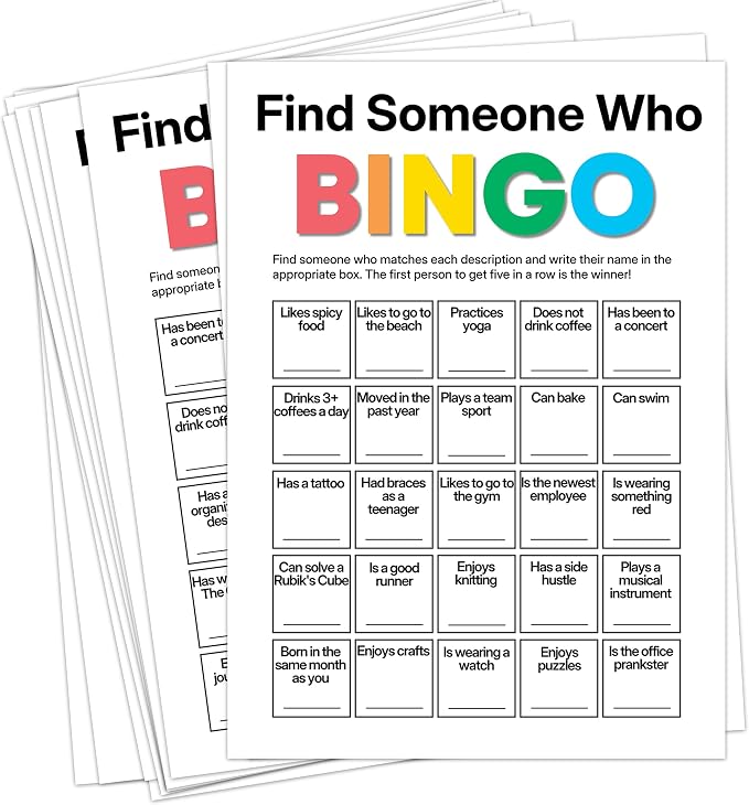 Find Someone Who Bingo Cards, 25 Unique Randomized 5x7 Sheets, Get to Know You Bingo Game for Adults, Ice Breaker Office Party Games, Team Building Games for Work, High Replay Value - A03