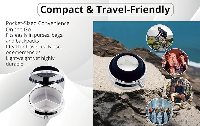 Portable Pill Organizer with AirTag Holder | Metal & Plastic Construction Case | Three Compartments Durable Case | Container Dispenser Holder for Medicine | Silver, Black - Travel Size