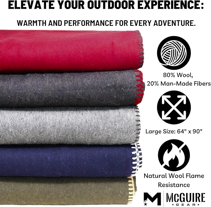 M MCGUIRE GEAR Heavy Duty Wool Blanket, Survival, Emergency, and First Aid Use – Mil-Spec, Fire Retardant, Durable Outdoor Wool Blankets for Camping. - Black, (64 x 90 inches)