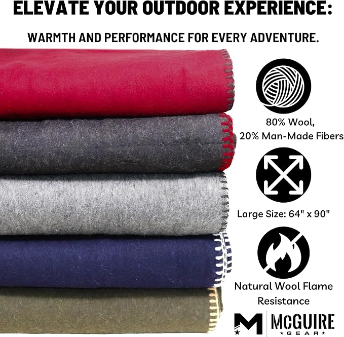 M MCGUIRE GEAR Heavy Duty Wool Blanket, Survival, Emergency, and First Aid Use – Mil-Spec, Fire Retardant, Durable Outdoor Wool Blankets for Camping. - Maroon, (64 x 90 inches)