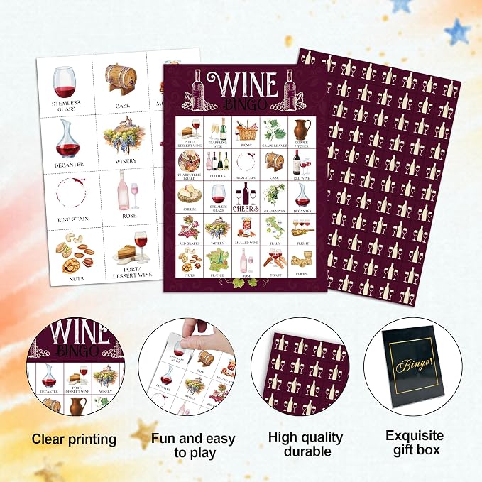 Wine Bingo Game Cards, Tasting Bingo Set for Adults Large Group, Winery Themed Fun Games, Wine Tasting Bridal Shower Party Activities, Icebreaker Games for Family Friends -24