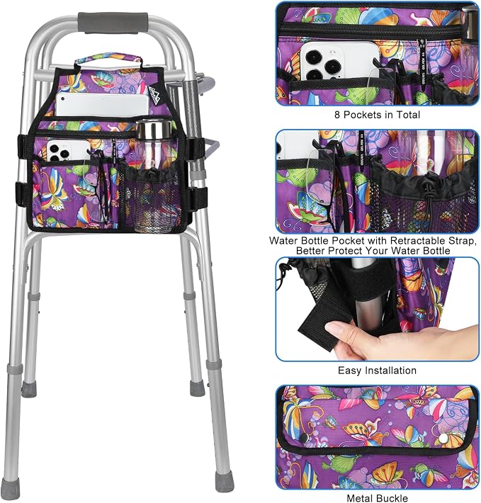 supregear Walker Side Bag, Storage Pouch w/Cup Holder for Folding Walker, Waterproof Caddy Basket for Side Bar Accessory Attachment for Seniors Elderly, Double Sided Organizer