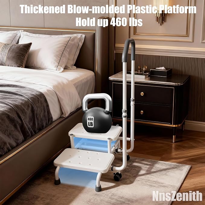 2 Step Stool for Elderly with Adjustable Handrail and Wheels, Heavy Duty Safety Bed Steps for High Beds with Non-Slip Surface, Holds 460lbs for Adults and Seniors