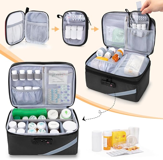 Trunab Medicine Storage Bag with Combination Lock, Pill Bottle Organizer | Lockable Travel Medication Carry Case for Medicine Box, Prescription, Vitamins, Supplements or Medical Supplies