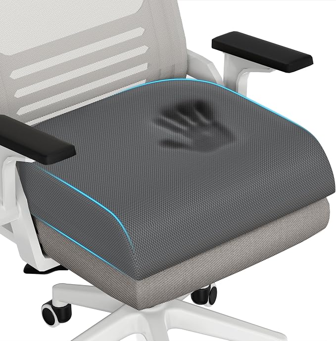 TranquilRelax 2XL Memory Foam Seat Cushion for Office Chair, 3.7-Inch, Gray | Medium-firm Support for Long Sitting, Washable Mesh Cover, Non-slip Base, Perfect for Car Seats & Short Drivers