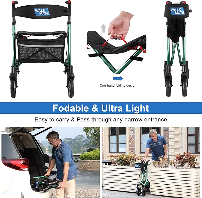 WALK MATE Rollator Walker for Seniors with Cup Holder, Upgraded Thumb Press Button for Height Adjustment, 4 x 8 Wheels Walker with Seat Padded Backrest Folding Lightweight Walking Aid, Green