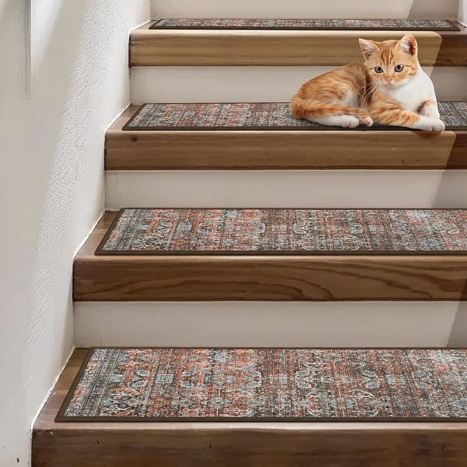 sarben 8"x30" Non Slip Stair Treads for Wooden Steps 15 Pack, Terracotta | Peel and Stick Carpet Stair Runner with TPE Adhesive Backing, Carpet for Added Safety, Pet and Senior Friendly