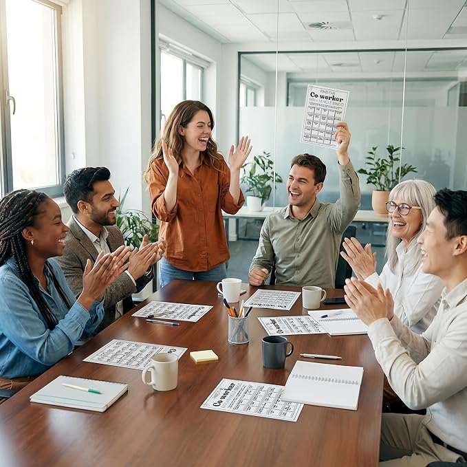 Team Building Games for Work Adults – Find Someone Who Bingo Game, 25 Unique Human Bingo Cards 5x7 Inch, Ice Breaker & Office Games for Parties, Meetings & Events - A02