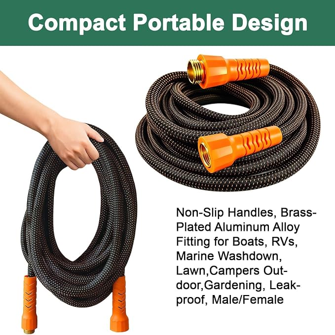 25FT Flexible Garden Hose & 10Modes Nozzle,Lightweight Water Hose,Kink-Free,All-Weather 3/4 in. NoneExpanding Hose for RV,Boat,Car Wash,Garden,Yard,Camper,Outdoor (Orange-Black, 25 Feet)