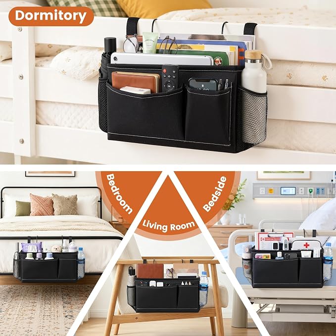 Bedside Caddy for Dorm Bed, Bedside Storage Bag Hanging Organizer | Metal Frame, Water-Resistant Lining, Fits Bed Rails up to 2.2 In, Adjustable Straps, Bunk and Hospital Beds(1 Pack, Black)