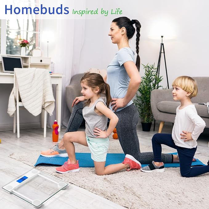 Homebuds Digital Bathroom Scale for Body Weight, High Precision Assured by Weight Scale Professional Factory SINCE 2001, Blue Backlit LCD and Step-On, 2*AAA Batteries Included, 400lb/182kg Clear Glass