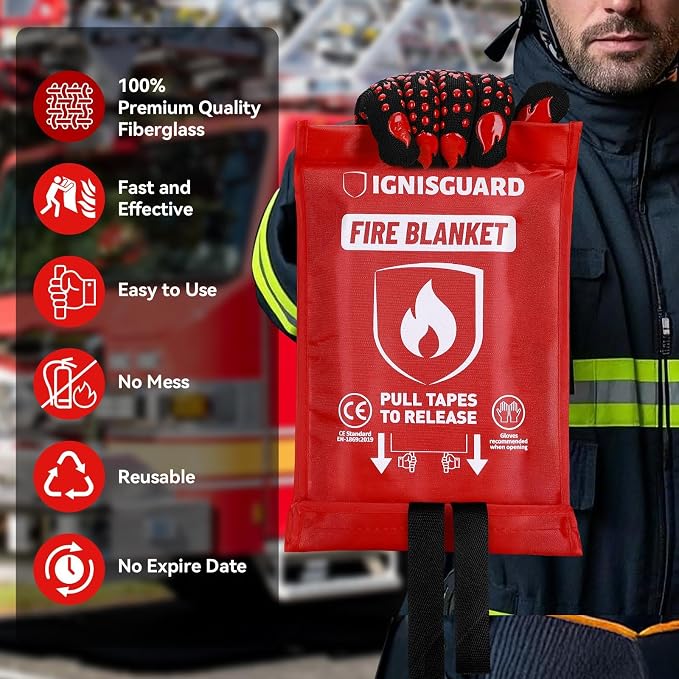 Fire Blankets 4 Pack, 40x40in with 1 Pair Fire Resistant Gloves & 4 Hooks, Fiberglass Fire Blankets Emergency for Home and Kitchen, Suppressant for Grease & Electrical Fires, RV, Camping