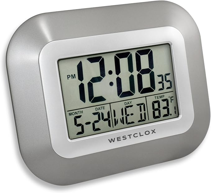 Westclox Large Digital Wall Clock with Date, Day & Temperature – Battery Operated Digital Clock with Alarm & Snooze, 12/24 Hour Display, Stylish Wall or Desk Clock for Home, Office & Bedroom (Gray)