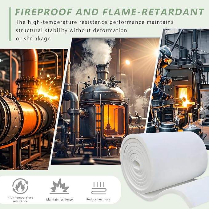 eieioo Ceramic Fiber Insulation, 2300F Ceramic Fiber Blanket, 48"x16"x1" Thick Fireproof Insulation Blanket for Wood Stove Baffle, Fireplace, Forges, Pizza Ovens, Chimney, Boiler(48"x16"x1")