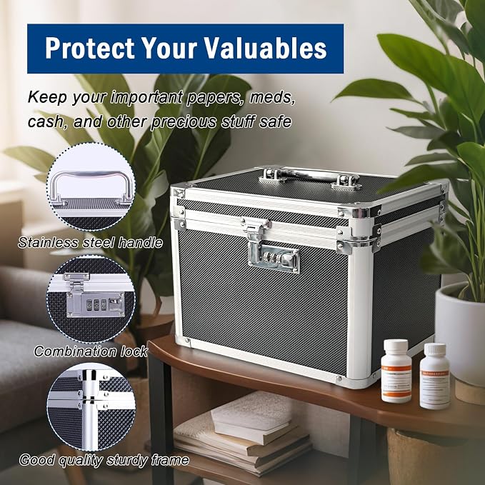 lock box with code, Large Lock Box for Storing Medications & Valuables with Code, 10x8x7.25 Inch Aluminum Alloy Locked Storage Box