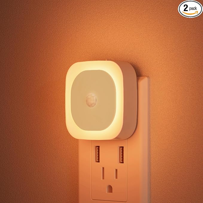 2 Pack Night Lights Plug into Wall, Motion Sensor Nightlight, Amber | 3 Modes, Dimmable Reflected Glow, Dusk to Dawn Sensor, Plug in LED Lights for Kids, Bedroom, Sleep, Bathroom, Nursery, Kids
