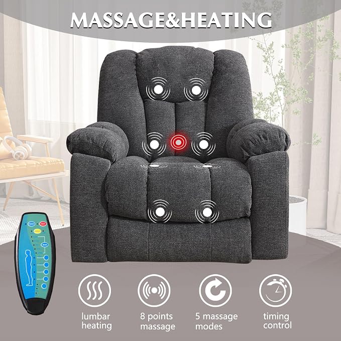 Power Lift Recliner Chair with Massage and Heat for Elderly, Overstuffed Wide Recliners, Heavy Duty and Safety Motion Reclining Mechanism with USB Ports, 2 Concealed Cup Holders, Smoke Gray