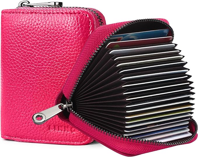 Linno RFID 20 Slots Credit Card Holder Genuine Leather Small Wallet for Women or Men with Zipper