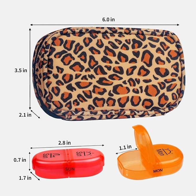 Serfeymi Weekly Travel Pill Organizer 2 Times A Day AM PM Upgraded Rainbow Pill Box 7 Day with Portable Zipper Canvas Pill Case, Medicine Organizer for Pills, Vitamins, Fish Oils - Brown 01