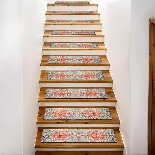 Boho Stair Treads Non Slip - Carpet Stair Treads for Wooden Steps Indoor, Stair Rugs for Kids, Elders and Dog, Stair Runners for Wooden Steps, 15 pcs