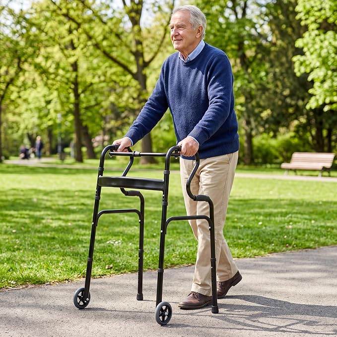 Goplus 3-in-1 Stand-Assist Folding Walker with 5" Wheels, Heavy Duty Walking Mobility Aid Supports up to 220lbs, Can be Used as Toilet Safety Rail, Narrow Drive Walkers for Seniors Elderly Adult