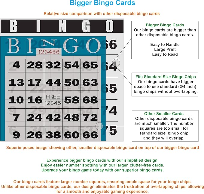100 Bingo Cards, Large 4.5 x 4.5 Inch, White, Paper Bingo Sheets | 8 Color Options, Premium Cardstock, Disposable with Daubers or Reusable with Chips — Proudly Made in USA