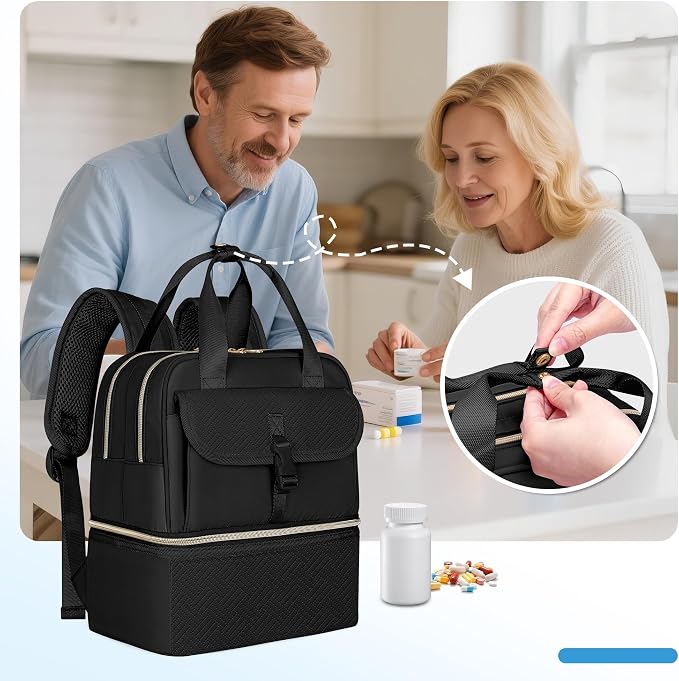Fasrom Medicine Travel Bag, Pill Bottle Organizer w/Insulated Compartment | Double Layer Design with Waterproof Mat, Stores Vitamins & Medical Supplies, Travel, Home and Daily Medication Storage