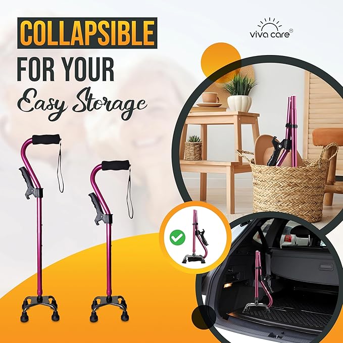 VIVA CARE Walking Cane with 4 Prongs and Extra Side Handle – Adjustable, for Balance & Stability for Adults, Seniors, and Injured.