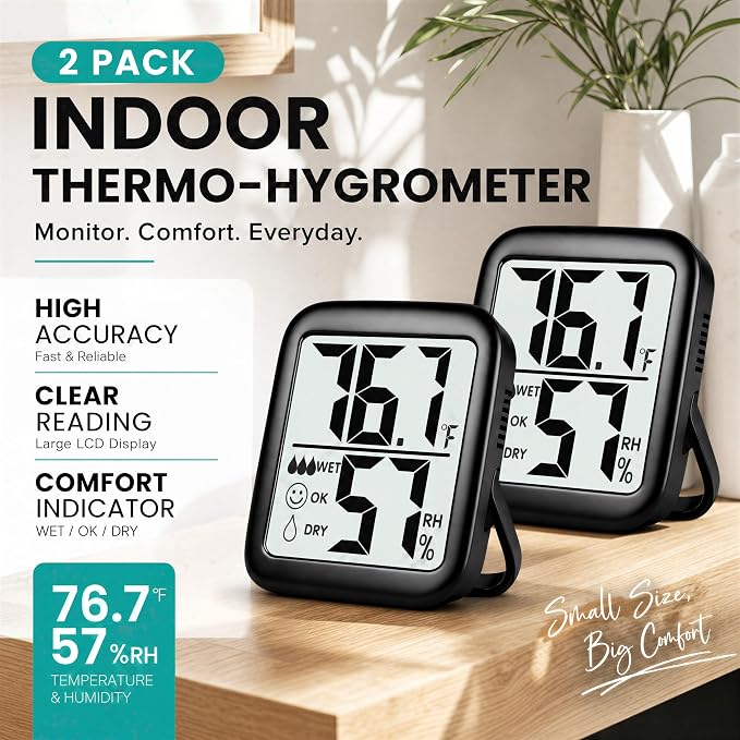 2 Pack Room Thermometer Indoor Hygrometer | Monitor Temperature & Humidity, Accurate, Fast Read, Easy To View, Magnetic/Kickstand/Hanging, ℉/℃, w/ Battery, Compact
