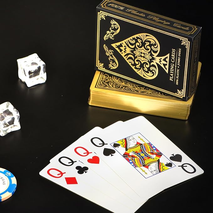 Plastic Playing Cards Waterproof Cards, Deck of Cards, Large Print Playing Cards for Adults Seniors, Premium Poker Card for Blackjack, Euchre, Canasta, Go Fish Card Games (Gold)