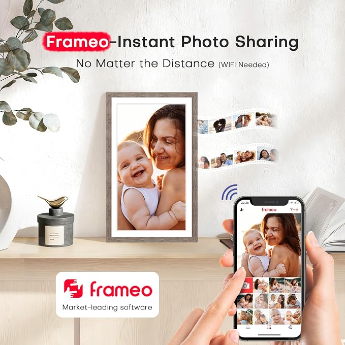 Frameo 15.6 inch Digital Picture Frame WiFi Wood, 1920 * 1080 IPS FHD Touchscreen Large Digital Photo Frame, 32GB Storage, Instant Share Photo Video, Wall-Mountable & Tabletop Display, Gift for Mom