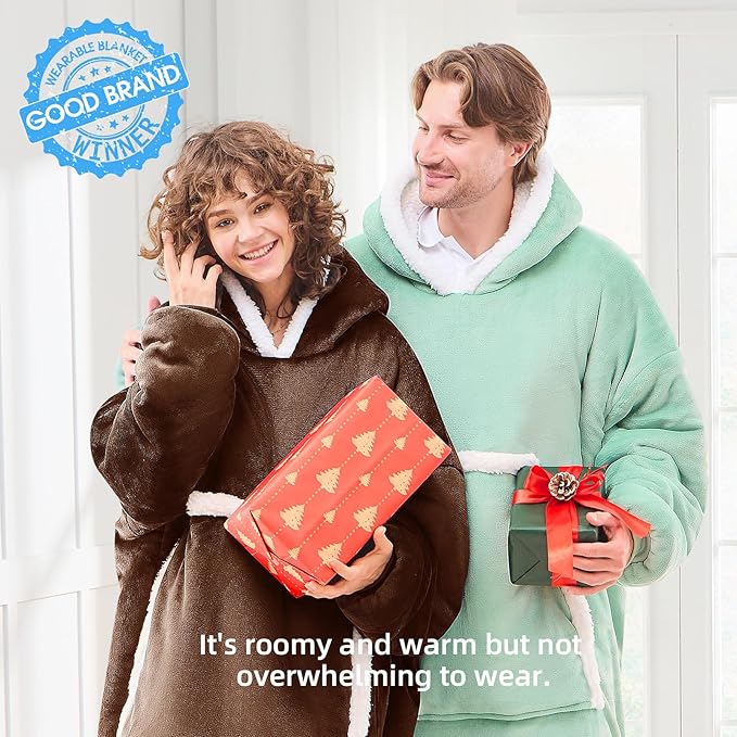 JOYWOO Brown Oversized Wearable Blanket Hoodie,Cat lovers Long Hoodie Blanket for Adult,Birthday Gifts for Women Men Grandpa,Cozy Fuzzy Sherpa Fleece Sweatshirt Hooded Blanket Giant Pocket,Oversize