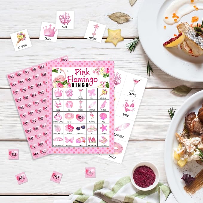 Pink Flamingo Bingo Game Cards, Hawaiian Bingo Games for Adults, Tropical Summer Cards Supplies, Jungle Birthday Party Decor Favors, Card Gifts for Women Friends Family Holiday, 10