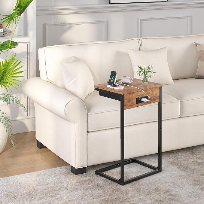 sthmec C Shaped End Table with Charging Station, 45° Tiltable Adjustable Flip Top Table with Storage,Small C Table for Small Spaces,Slide Under Couch Sofa Bedside Table for Living Room,Rustic Brown