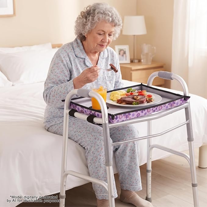 Walker Tray for Folding Walker with Cup Holder, Detachable Tray for Walker, Walker Accessories for Senior with Non-Slip Mat, Universal Fit for Meals, Drinks, Reading,Laptop (Purple)