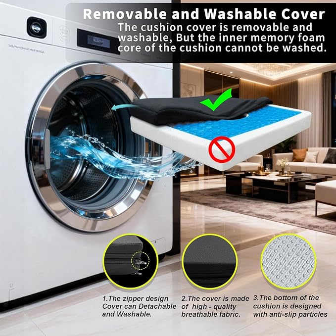Gel Wheelchair Seat Cushion,Bed Sore Cushions for Butt,Hemorrhoid Pillow,Sciatica,Coccyx,Pressure Sore and Ulcer Pain Relief Butt Pillow,Cushion for Office Chairs with Washable Cover (Black)