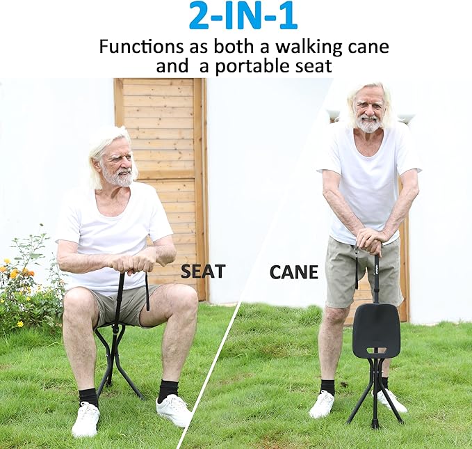 REHAND Walking Cane with Seat,Lightweight Foldable, Adjustable, Collapsible Canes with Stool for Men & Women, Heavy Duty All Terrain Tip, Portable Walking Stick Chair for Seniors & Adults