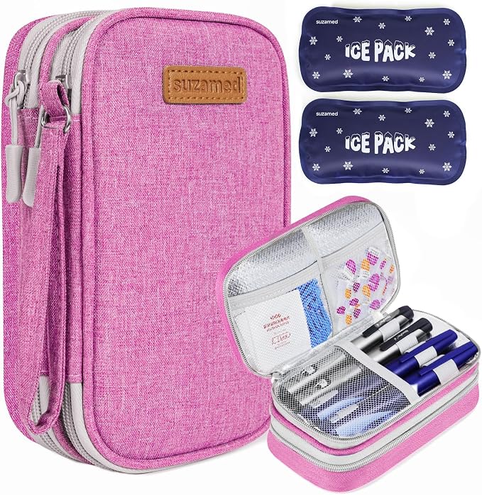 suzamed Insulin Cooler Travel Case, Double Layer Medicine Kit Diabetes Travel Case, Portable Medicine Organizer with 2Pack 150g Ice Pack TSA Approved for Insulin Pens Diabetic Supplies(Pink)