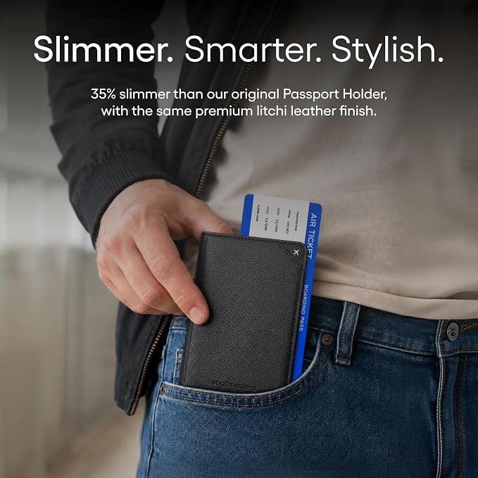 Apple MFi Certified Trackable Passport Holder for Travel (iOS Only) Works with Apple Find My, Rechargeable Passport Cover Air 3-Year Battery Life, Black RFID Blocking Travel Wallet Gift