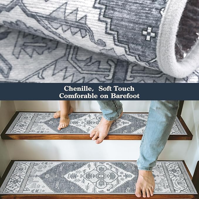Lahome Non Slip Stair Treads Indoor 15 Pack 8" X 30" Carpet Treads for Wood Stairs, Washable Self Adhesive Stair Runners Stain Resistant Staircase Super Grippy Surface for Dogs & Seniors Dorie, Grey