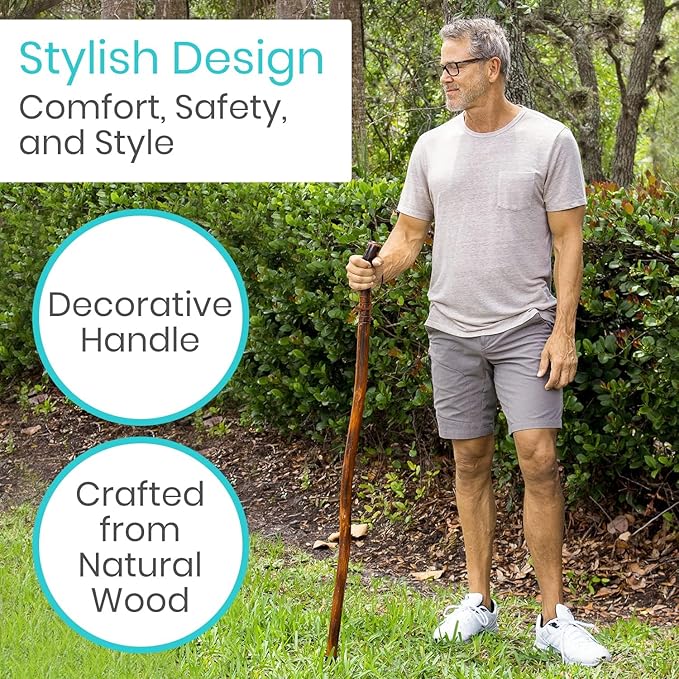 Vive Wooden Walking Stick for Hiking - Handcrafted, Waterproof, with Leather Wrist Strap - Wood Staff for Balance, Women, Men, Seniors - Non-Slip Tip for Safety