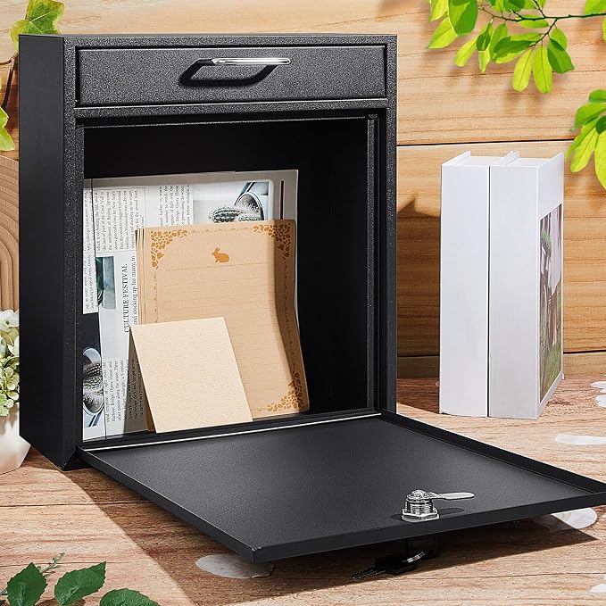 Yaocom Locking Mailbox with Key for Outdoor 12 x 10.5 x 4.7 Inches Large Wall Mount Mail Box with Lock Security Mail Drop Metal Collection Boxes Hanging Secure Postbox(Black)