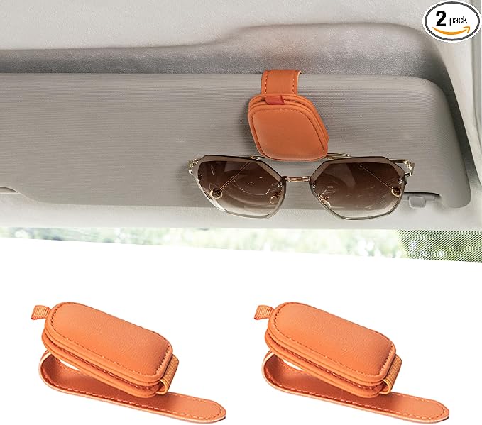 Yuoyar Magnetic Leather Sunglasses Holder for Car, 2 Packs (Orange) | Magnetic Car Visor Accessories